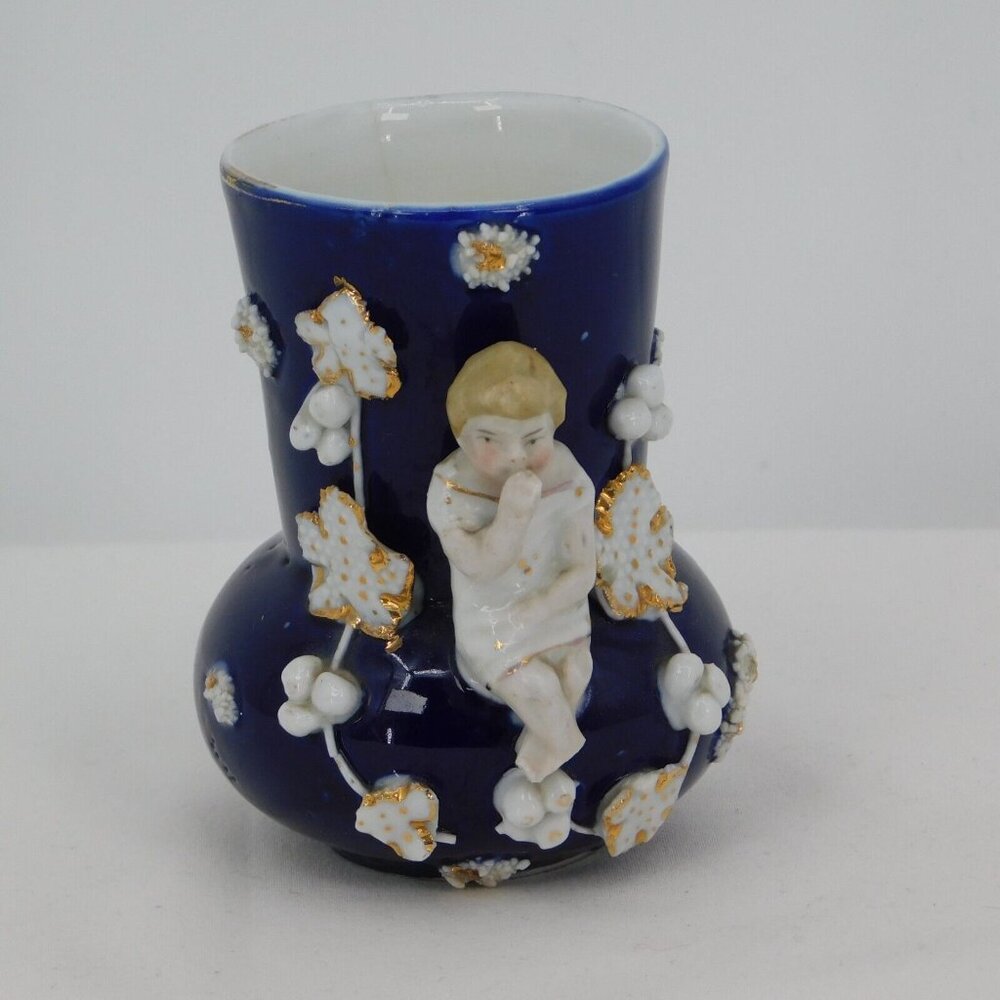 Vintage Cobalt Blue Porcelain Boy Figurine Bud Vase Gold 3 1/4" Toothpick Holder